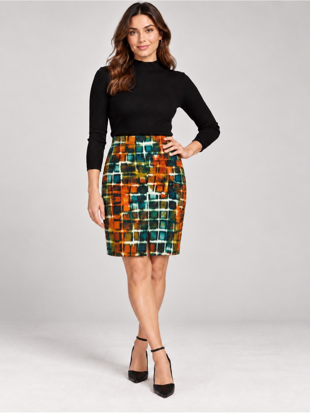 Lafayette 148 New York Abstract Grid Cotton Pencil Skirt Size 8